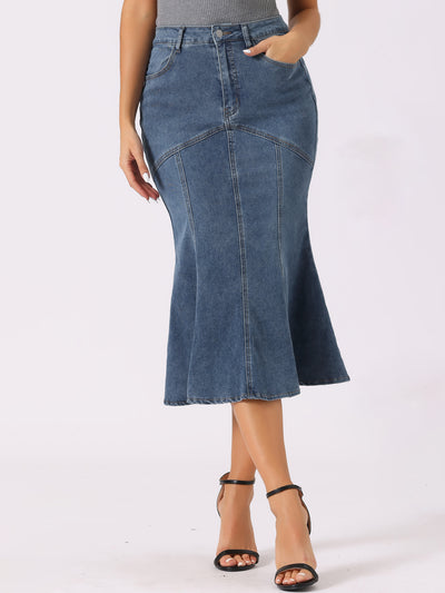 Fishtail Denim Washed Midi Jean Bodycon Skirt