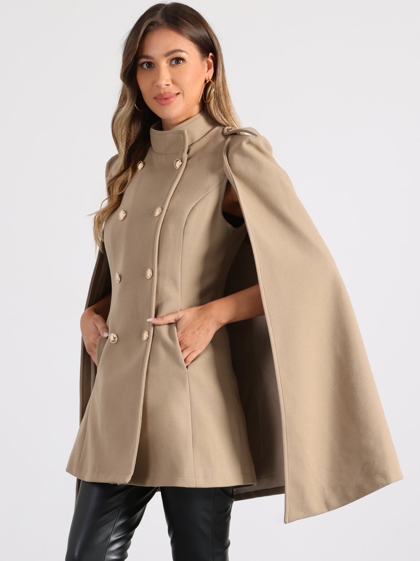 Allegra K Winter Slit Sleeve Double Breasted Cloak Cape Coat