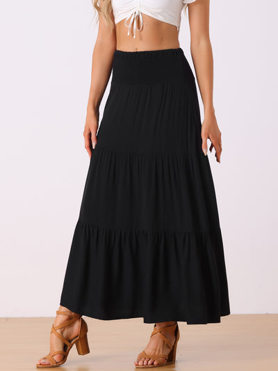 Summer Maxi Casual Elastic High Waist Tiered Boho Long Skirt