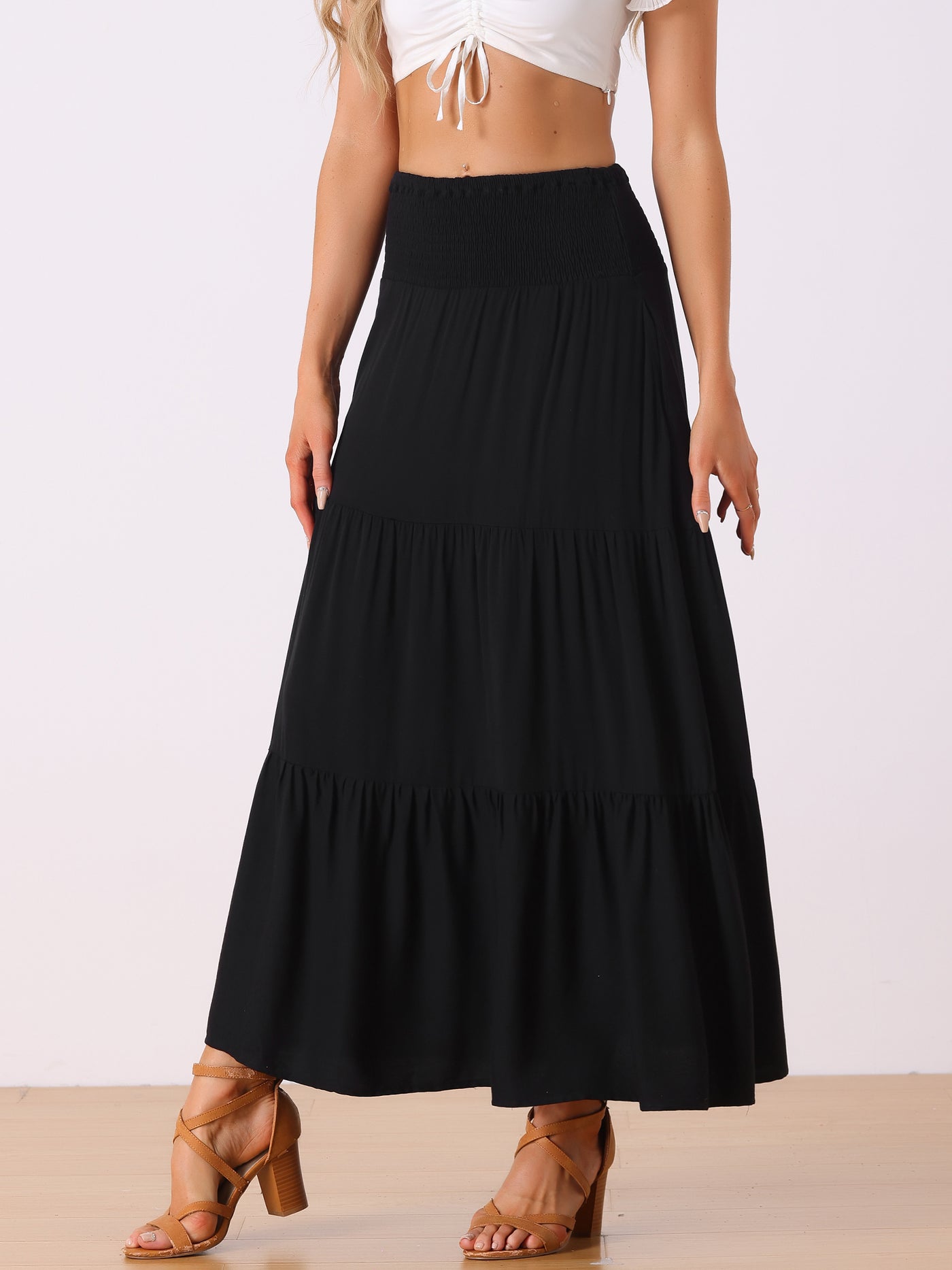 Allegra K Summer Maxi Casual Elastic High Waist Tiered Boho Long Skirt