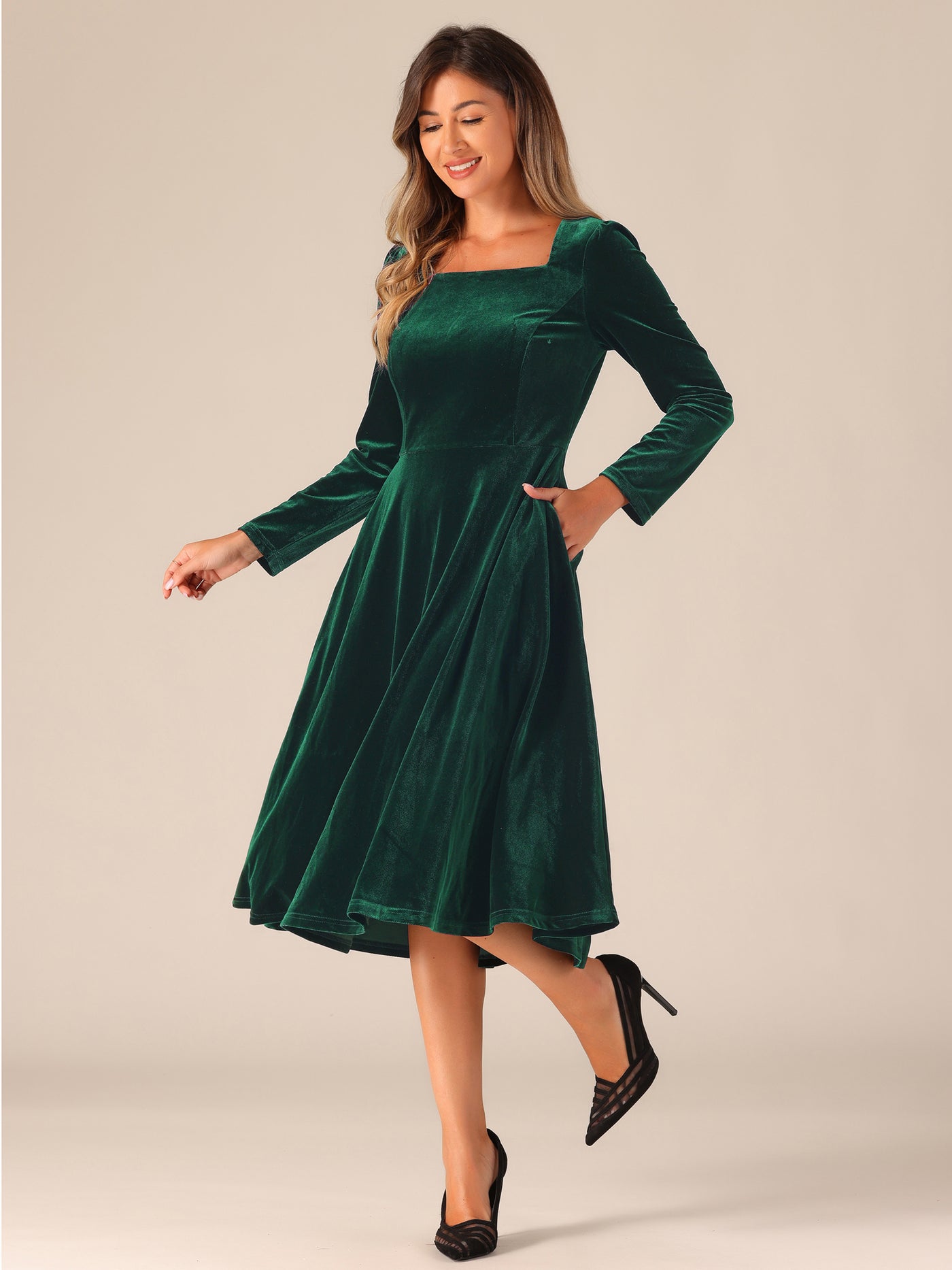 Allegra K Pocketed Long Sleeve Velvet Square Neck Midi A-Line Dress