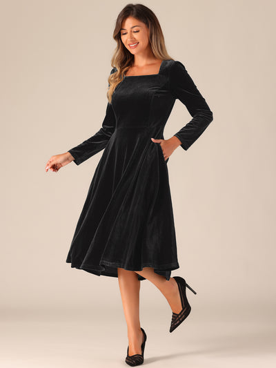 Pocketed Long Sleeve Velvet Square Neck Midi A-Line Dress