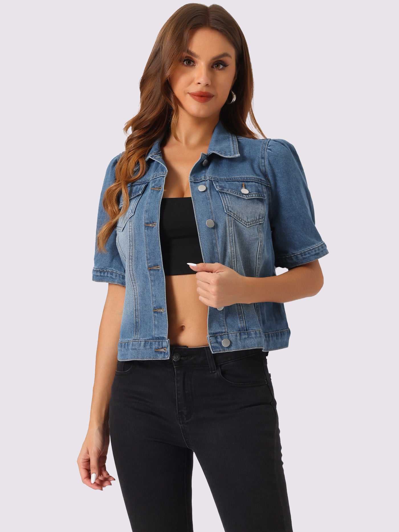 Allegra K Casual Short Puff Sleeves Button-Down Jean Denim Jacket