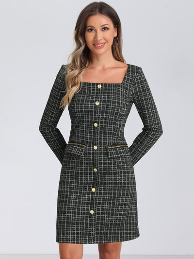 Allegra K Tweed Plaid Long Sleeves Square Neckline Knee Length Dress