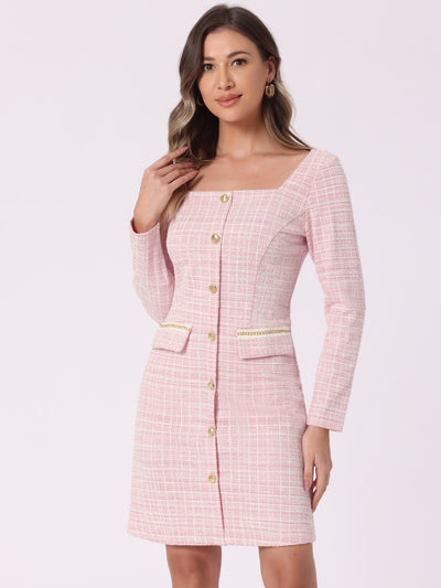 Tweed Plaid Long Sleeves Square Neckline Knee Length Dress