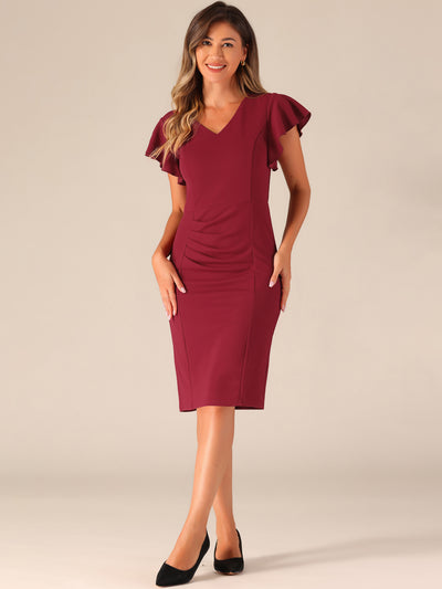 Ruffle Sleeve Solid V Neck Ruched Front Elegant Bodycon Dress