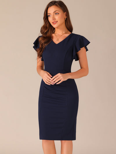 Ruffle Sleeve Solid V Neck Ruched Front Elegant Bodycon Dress