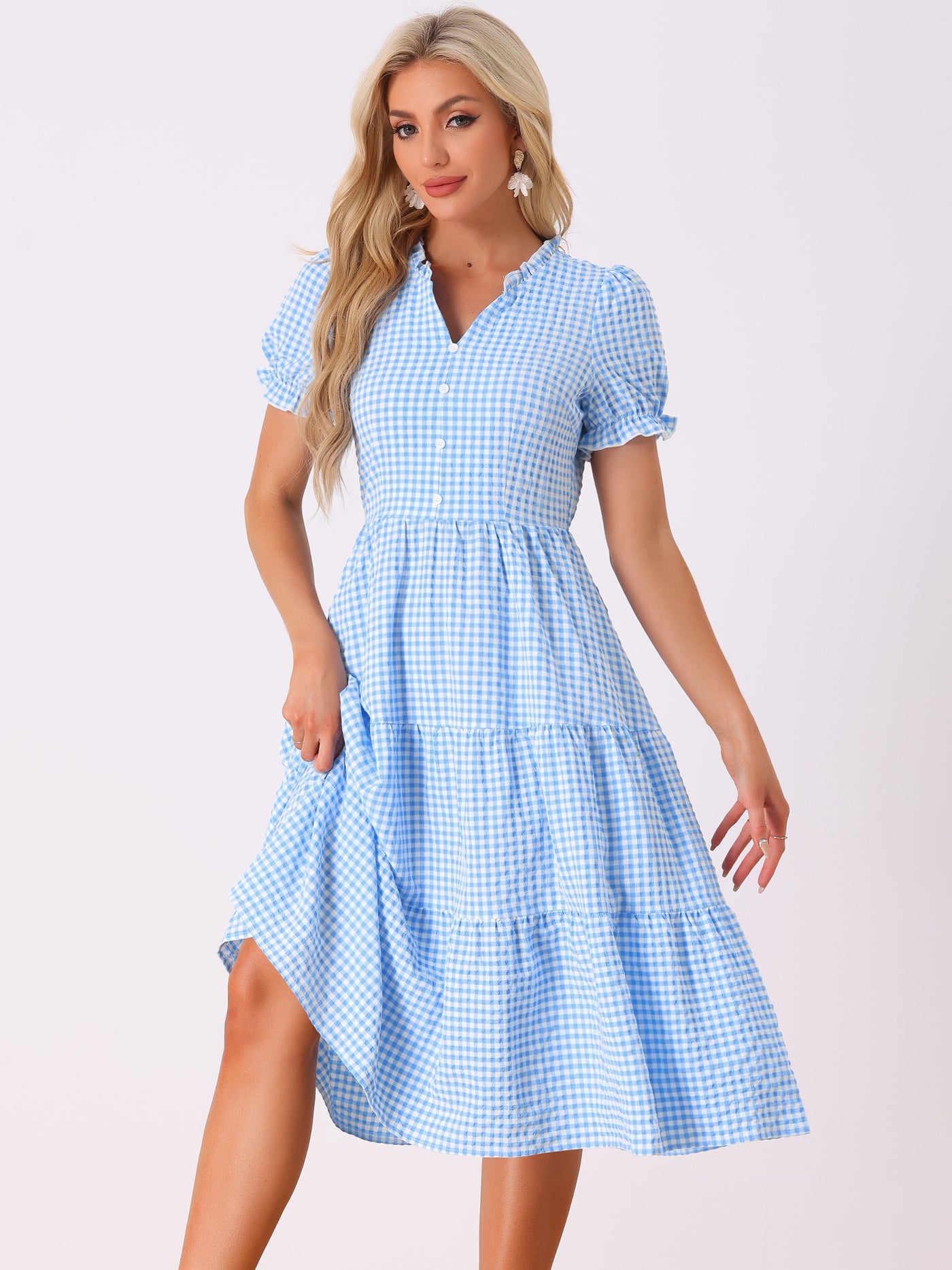 Allegra K Ruffle Trim V Neck Button Decor Plaid Gingham Tiered Midi Dress