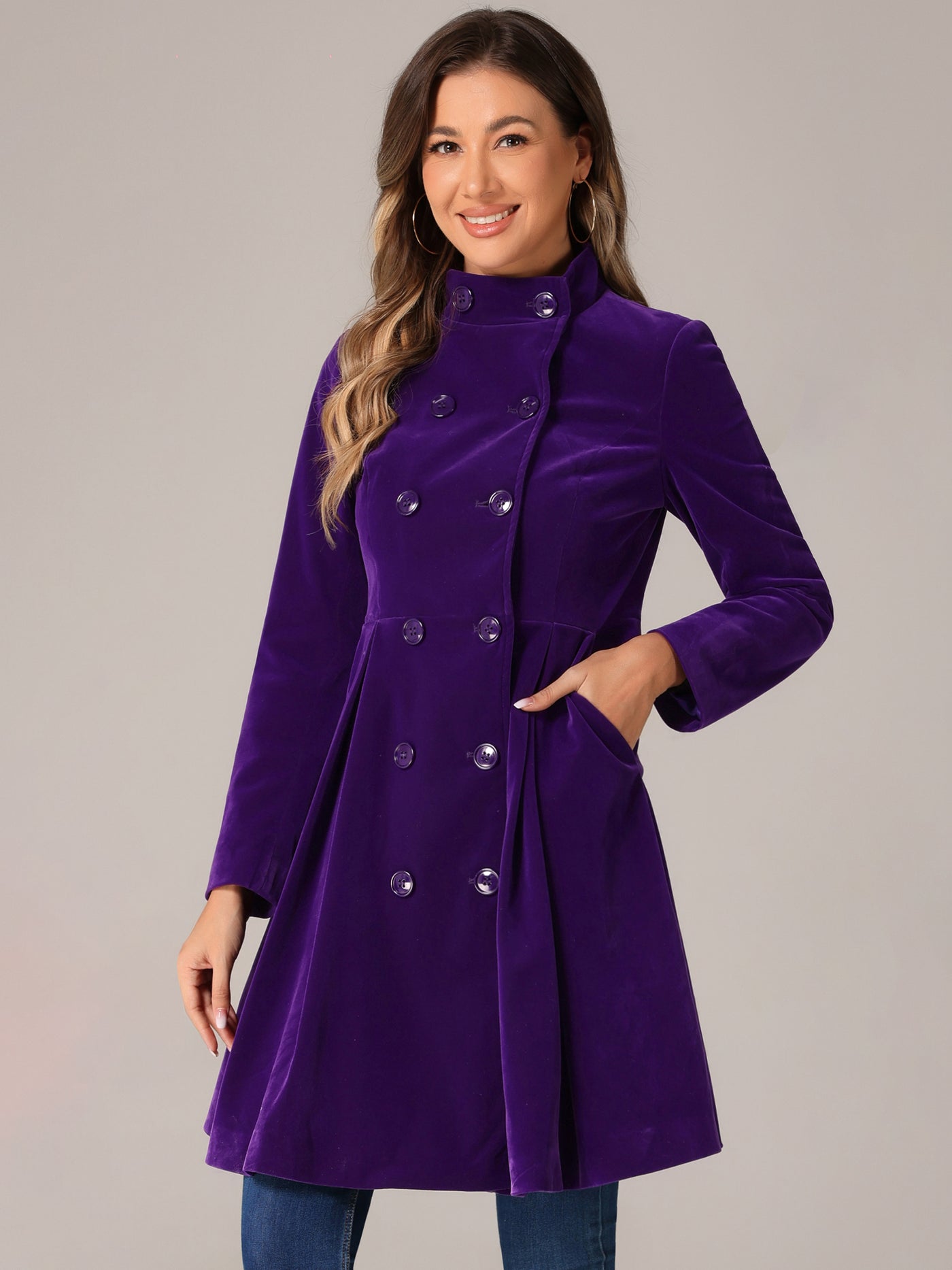 Allegra K Velvet A-Line Stand Collar Double Breasted Winter Trench Coat