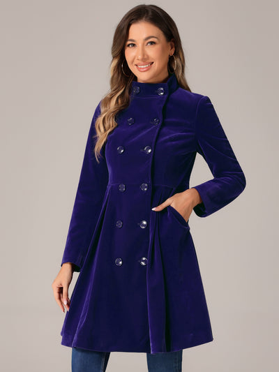 Velvet A-Line Stand Collar Double Breasted Winter Trench Coat