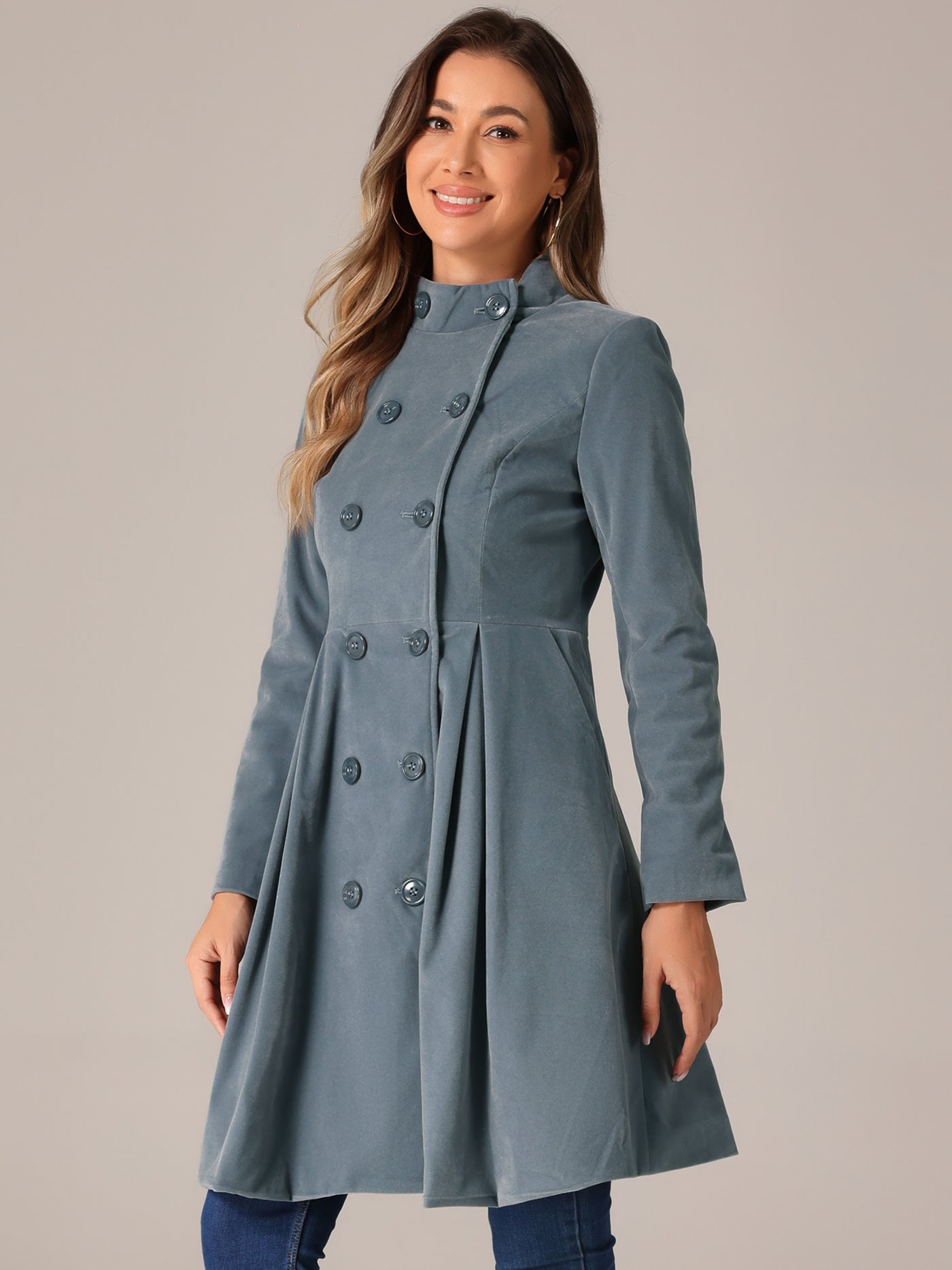 Allegra K Velvet A-Line Stand Collar Double Breasted Winter Trench Coat