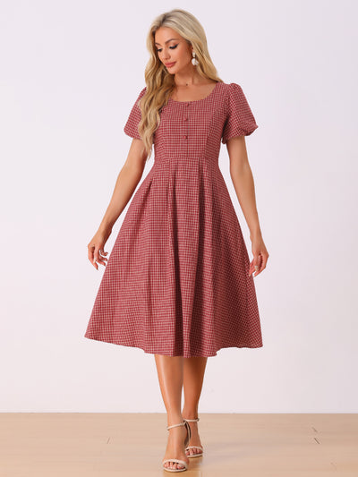 Plaid Summer Pleated Back Button Decor Puff Sleeve Midi Dress