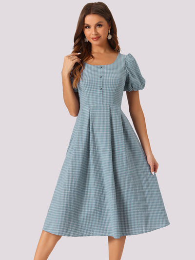 Plaid Summer Pleated Back Button Decor Puff Sleeve Midi Dress