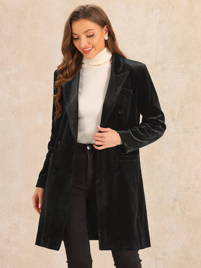 Velvet Notched Lapel Double-Breasted Long Outerwear Winter Coats