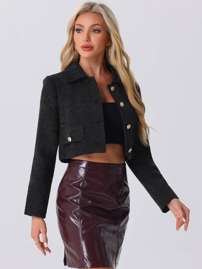 Allegra K Tweed Collar Long Sleeve Button Down Cropped Jacket