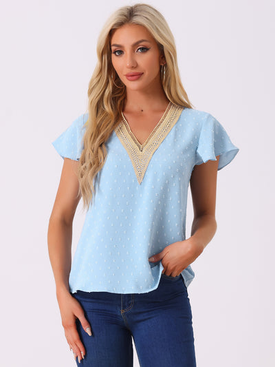 V Neck Lace Crochet Ruffles Cap Sleeves Swiss Dots Blouse