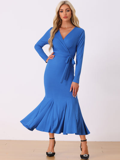 Solid Belted Long Sleeves Bodycon Fishtail Mermaid Maxi Dress