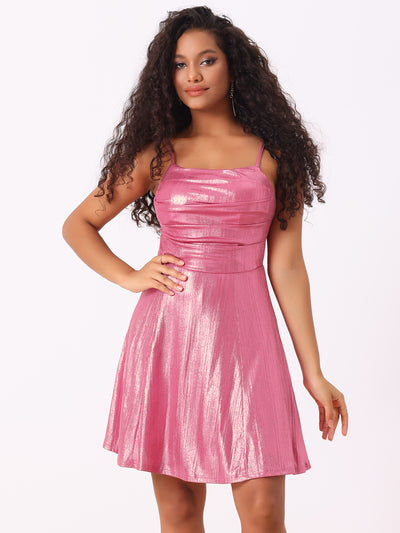 Sparkly Metallic Spaghetti Strap A-line Backless Mini Skater Dress