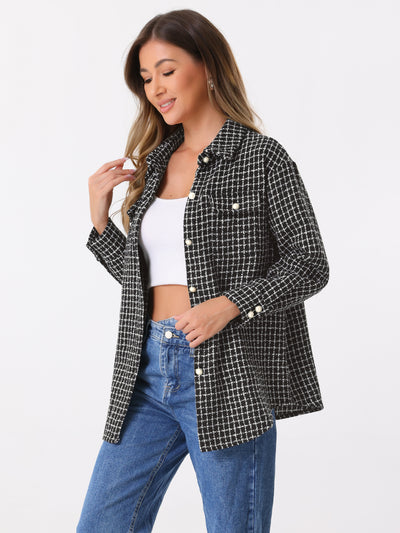 Tweed Plaid Long Sleeves Loose Fit Shirt Jacket Shacket