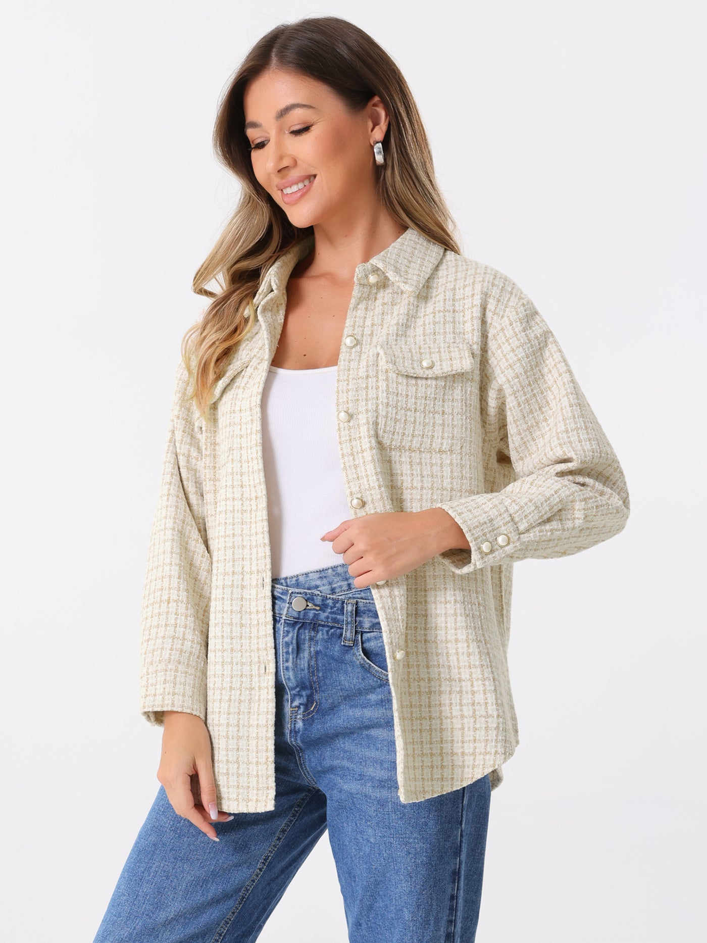 Allegra K Tweed Plaid Long Sleeves Loose Fit Shirt Jacket Shacket