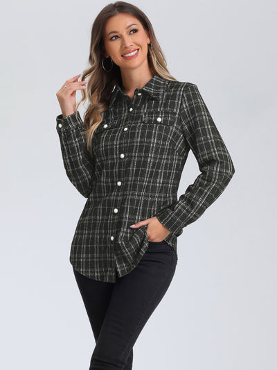 Allegra K Long Sleeves Button Down Plaid Tweed Shackets Shirt