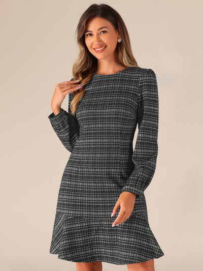 Casual Puff Sleeves Ruffle Hem Tweed Plaid Midi Dress