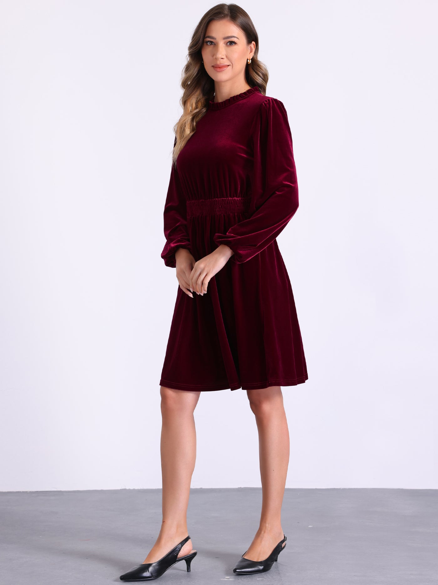 Allegra K Velvet Smocked Waistline Long Sleeve Midi Dress