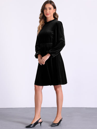 Velvet Smocked Waistline Long Sleeve Midi Dress