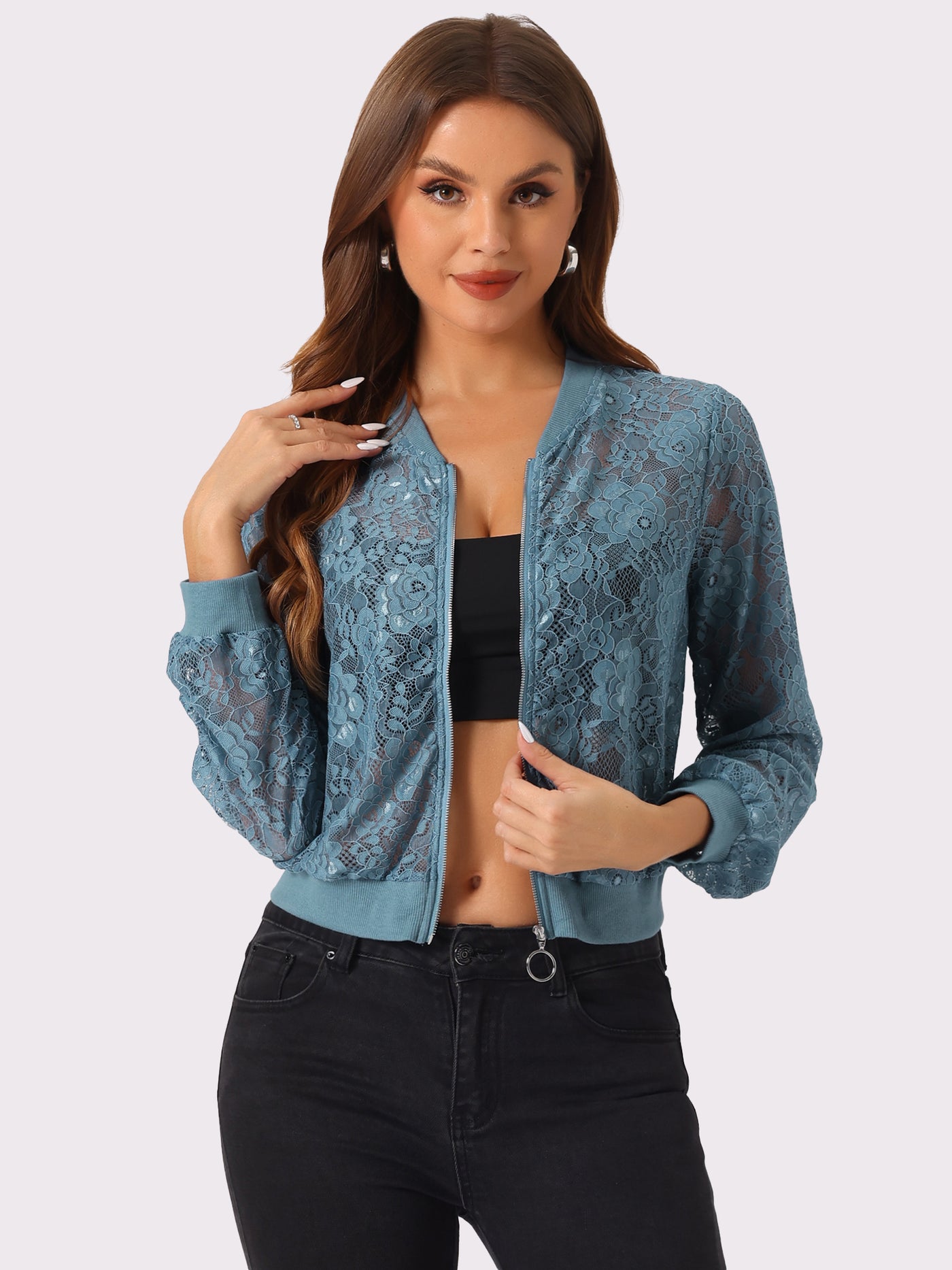 Allegra K Lace stand Collar Zip Up Mesh Sheer Bomber Jacket