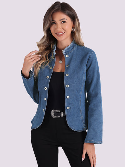 Allegra K Denim Collarless Button Decor Open Front Jeans Jackets