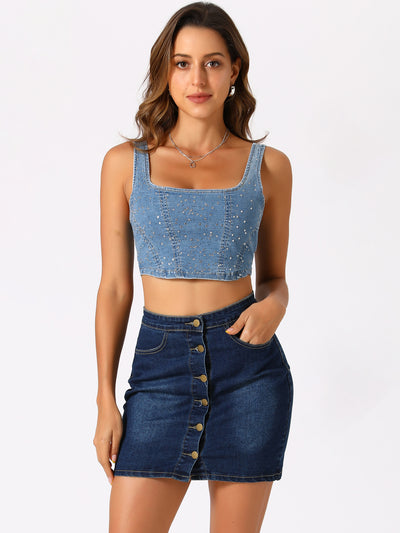 Denim Sleeveless Glitter Bustier Jean Cropped Tank Top