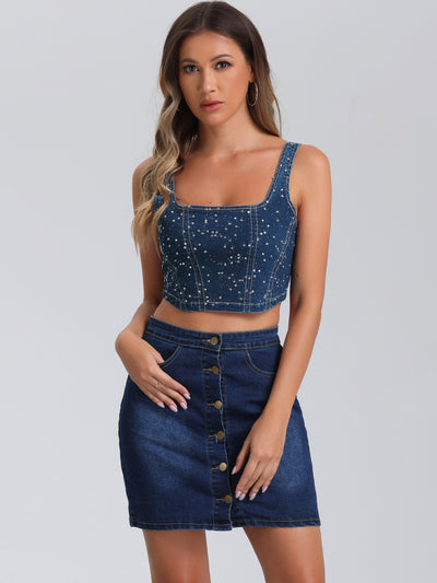 Denim Sleeveless Glitter Bustier Jean Cropped Tank Top