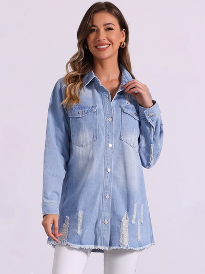 Allegra K Denim Distressed Frayed Hem Button Down Jean Jackets