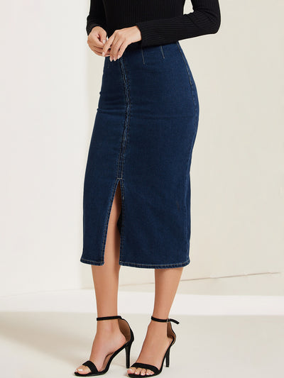 Denim Front Slit Zipper High Waist Bodycon Midi Jean Skirt