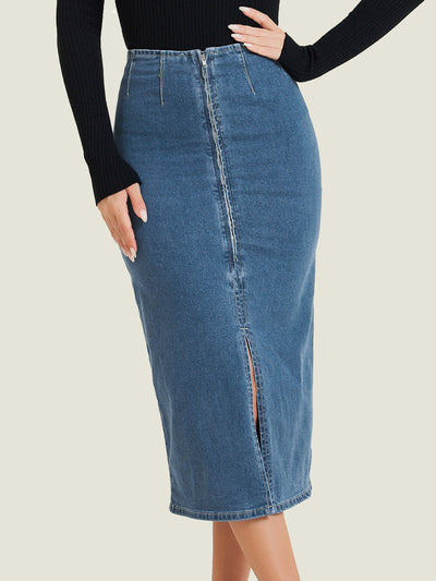 Denim Front Slit Zipper High Waist Bodycon Midi Jean Skirt