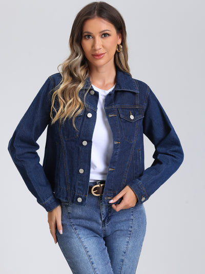 Collar Long Sleeve Button Down Cropped Denim Jean Jacket