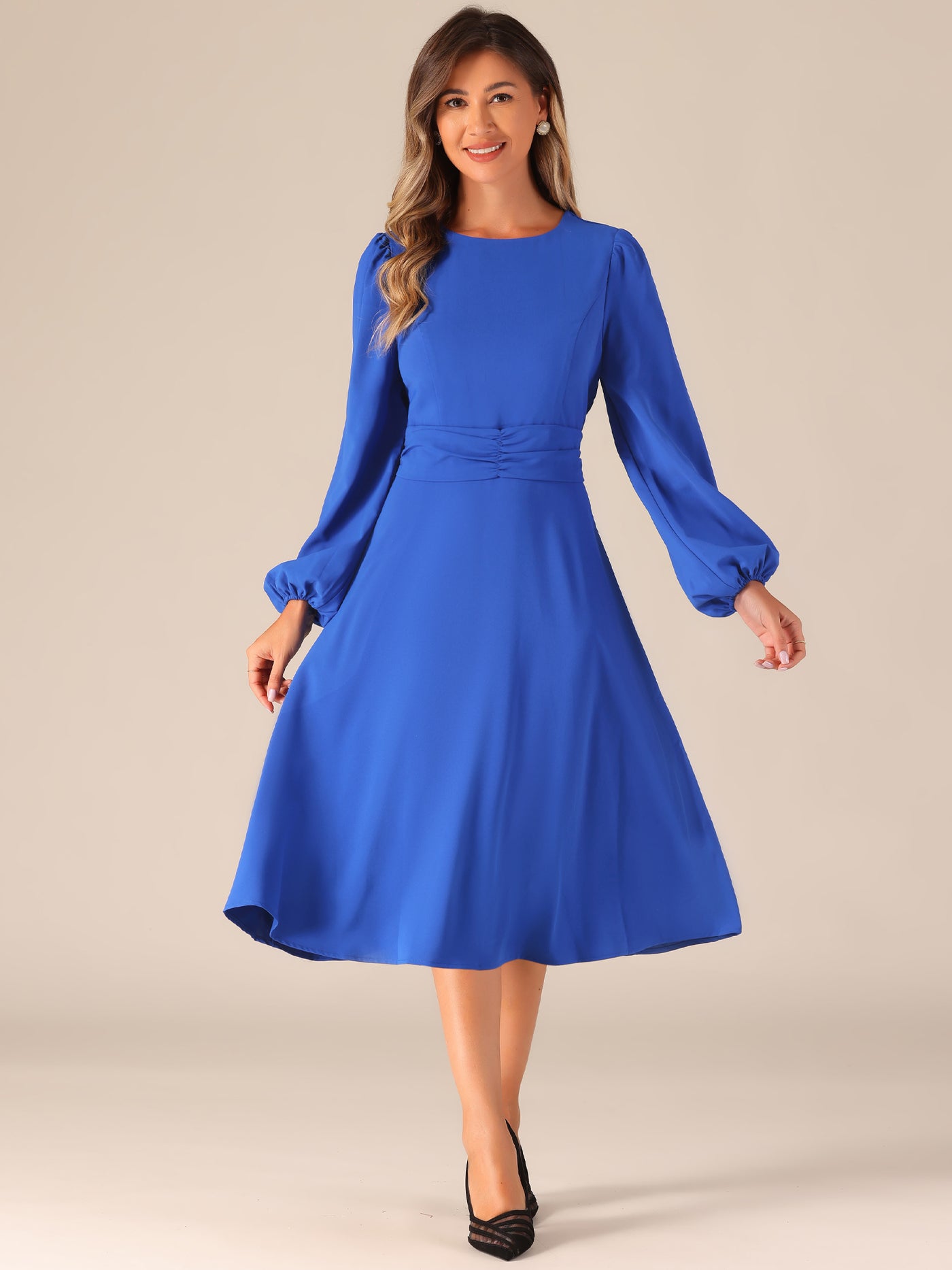 Allegra K Lantern Long Sleeves Solid Color Midi Cocktail Dress