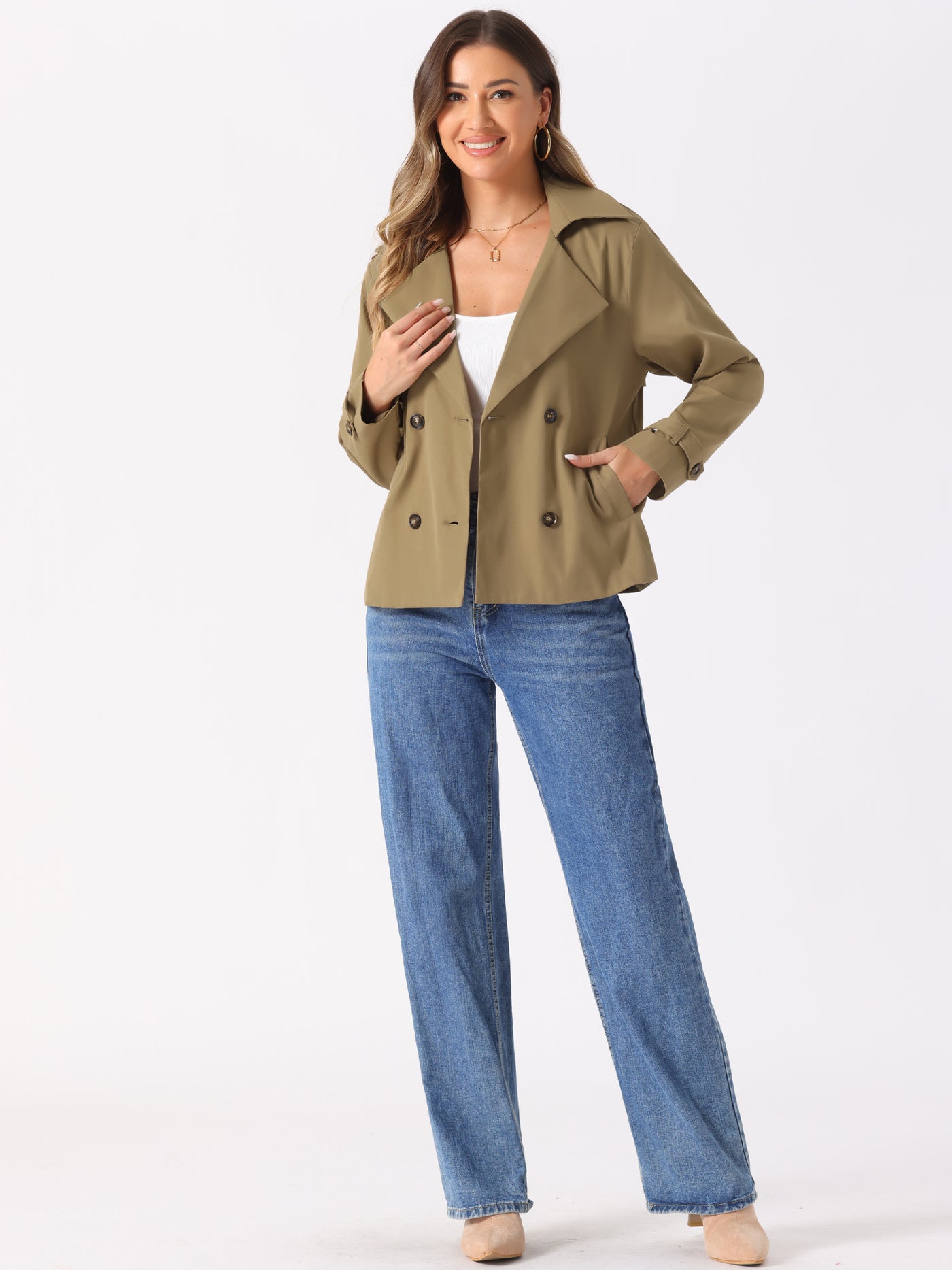 Allegra K Notched Lapel Double Breasted Short Trench Coat Jacket