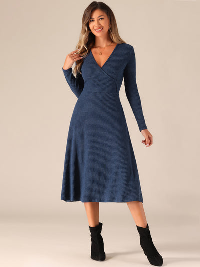 Long Sleeve Pockets A-Line Midi Ribbed Knit Dress