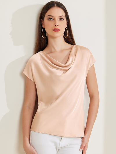 Satin Cowl Neck Short Sleeve Dressy Casual Blouse