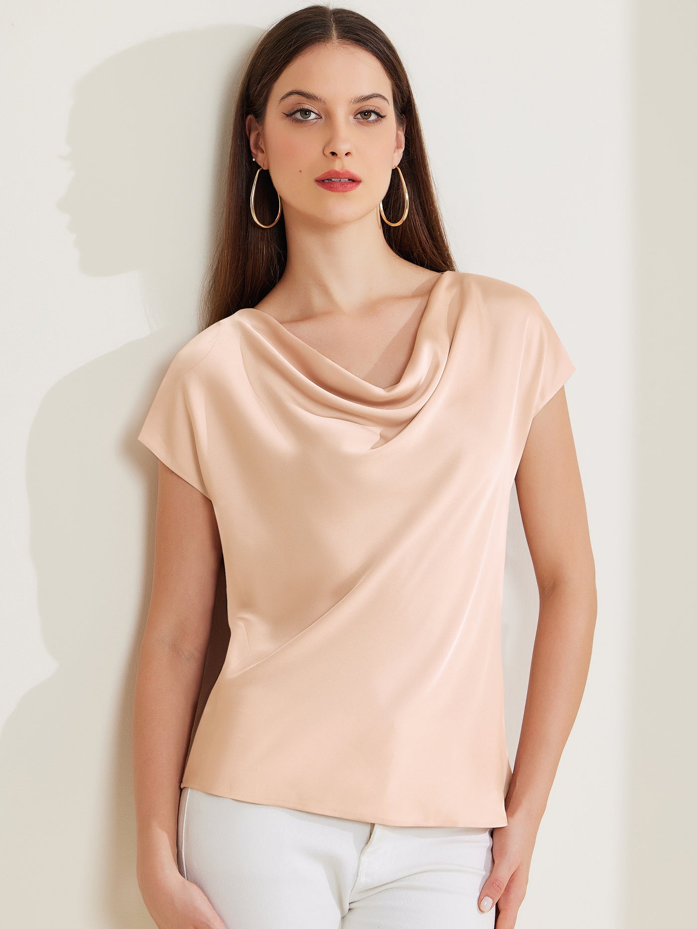 Allegra K Satin Cowl Neck Short Sleeve Dressy Casual Blouse