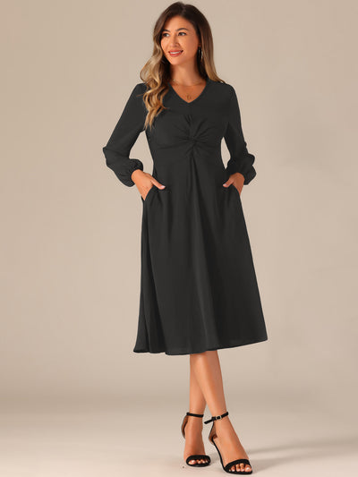 Twist Front Long Sleeve Pockets A-Line Midi Dress