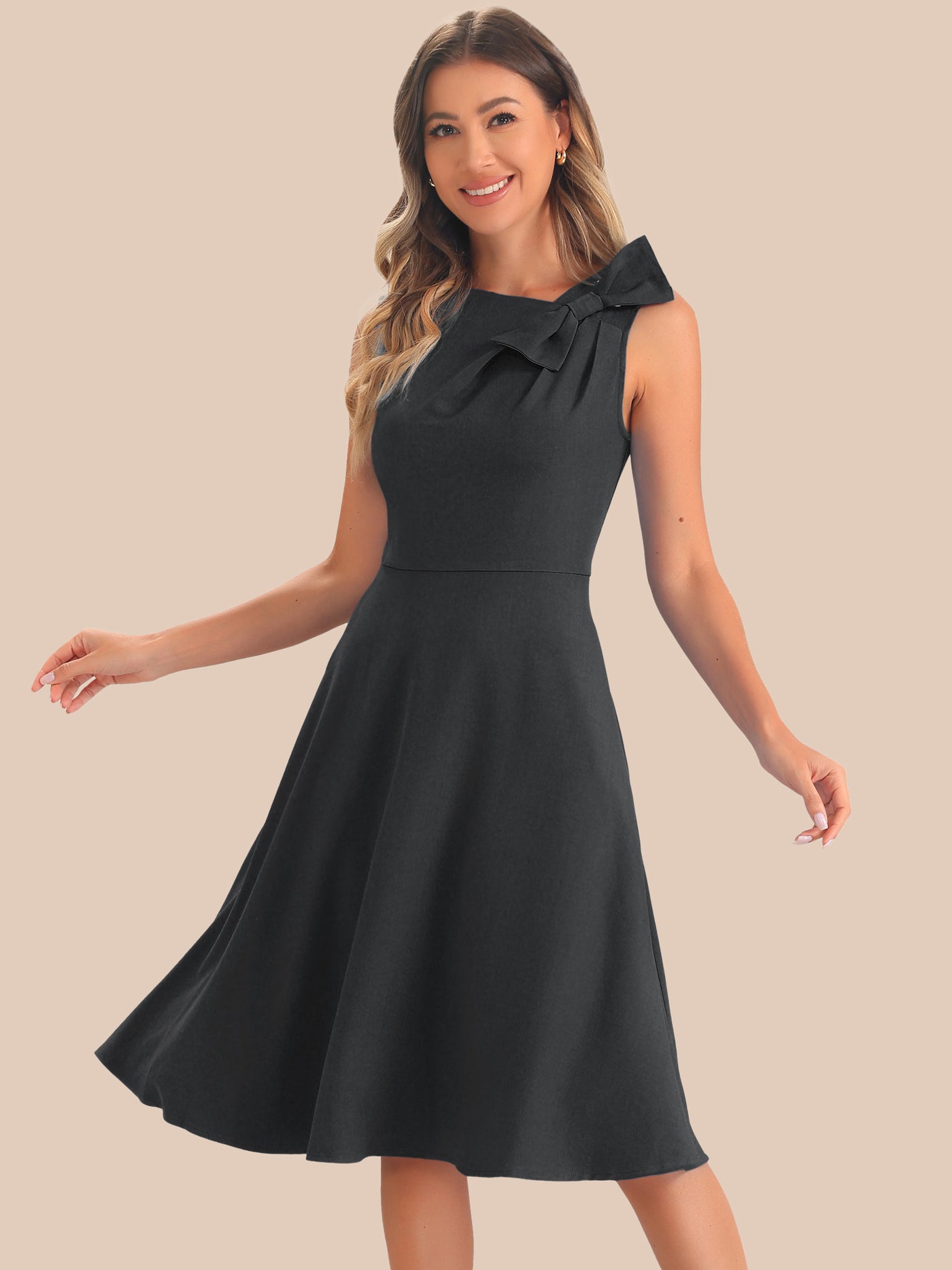 Allegra K Flared Sleeveless Bowknot Midi A-Line Formal Dress