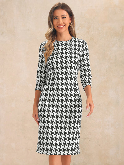 Houndstooth 3/4 Sleeve Elegant Cinched Waist Sheath Dress