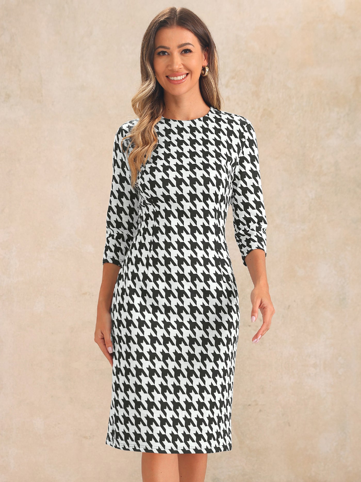 Allegra K Houndstooth 3/4 Sleeve Elegant Cinched Waist Sheath Dress