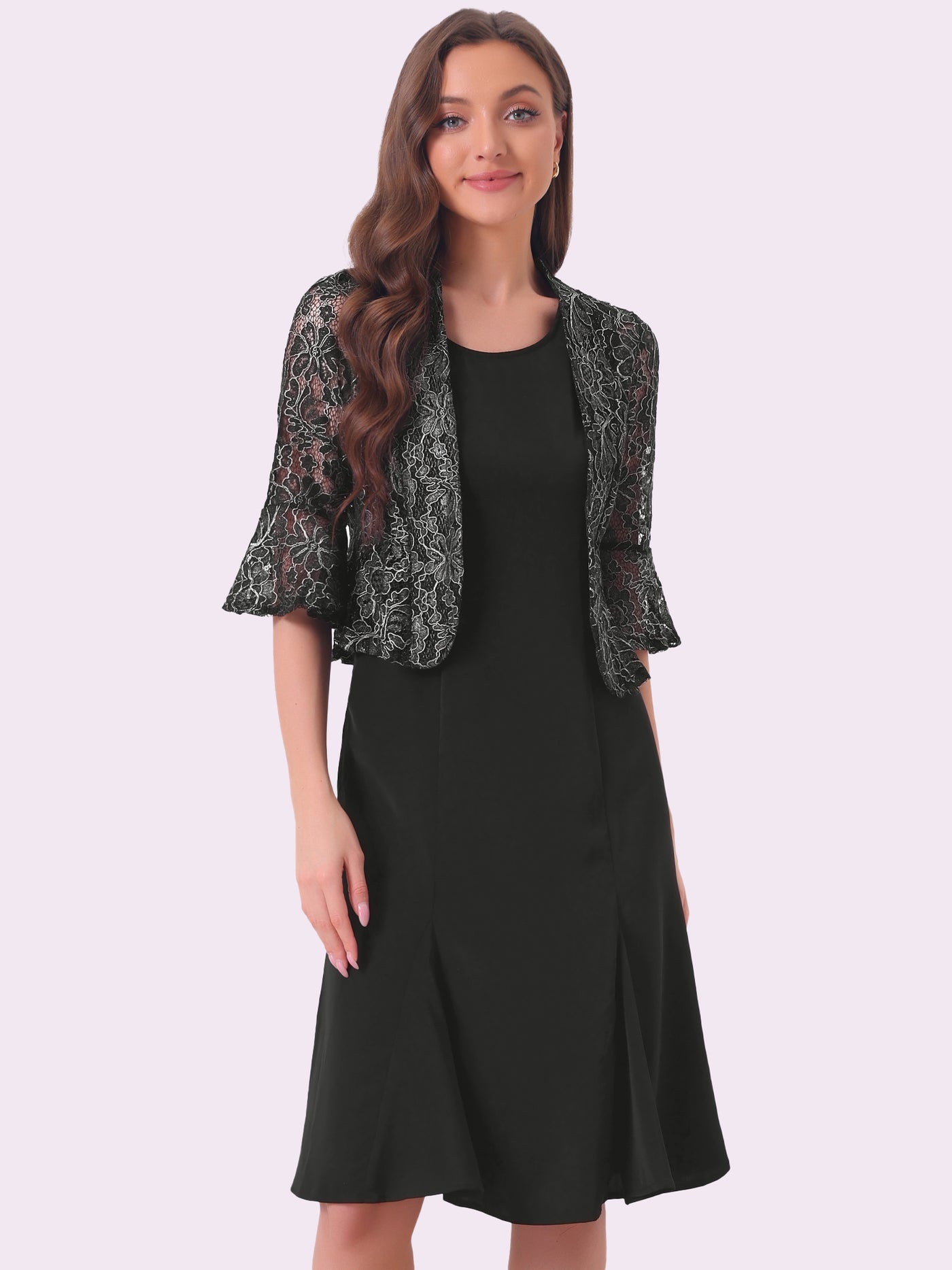 Allegra K 2 Pieces 3/4 Bell Sleeve Lace Cropped Shrug and Sleeveless Midi Fishtail Party Dress Sets