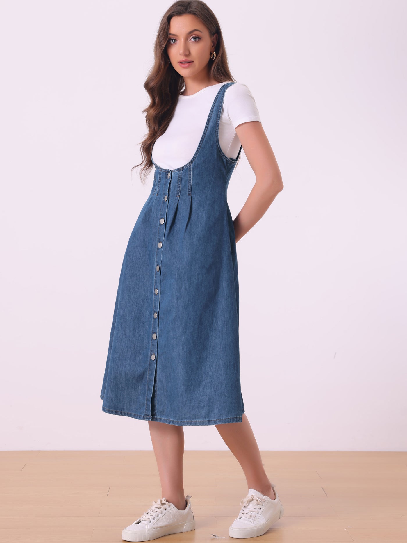 Allegra K Suspender Dress Button Front Classic U Neck Overall Denim Midi Dress with Pockets