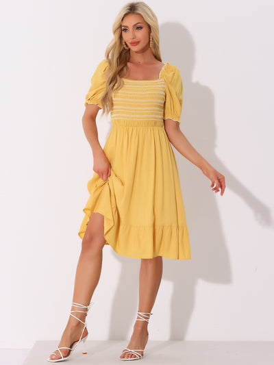 Smocked Puff Short Sleeve Ruffle Shirred Summer Midi Dress