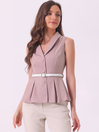 Allegra K Lapel Collar Button Down Belted Sleeveless Jacket Vest