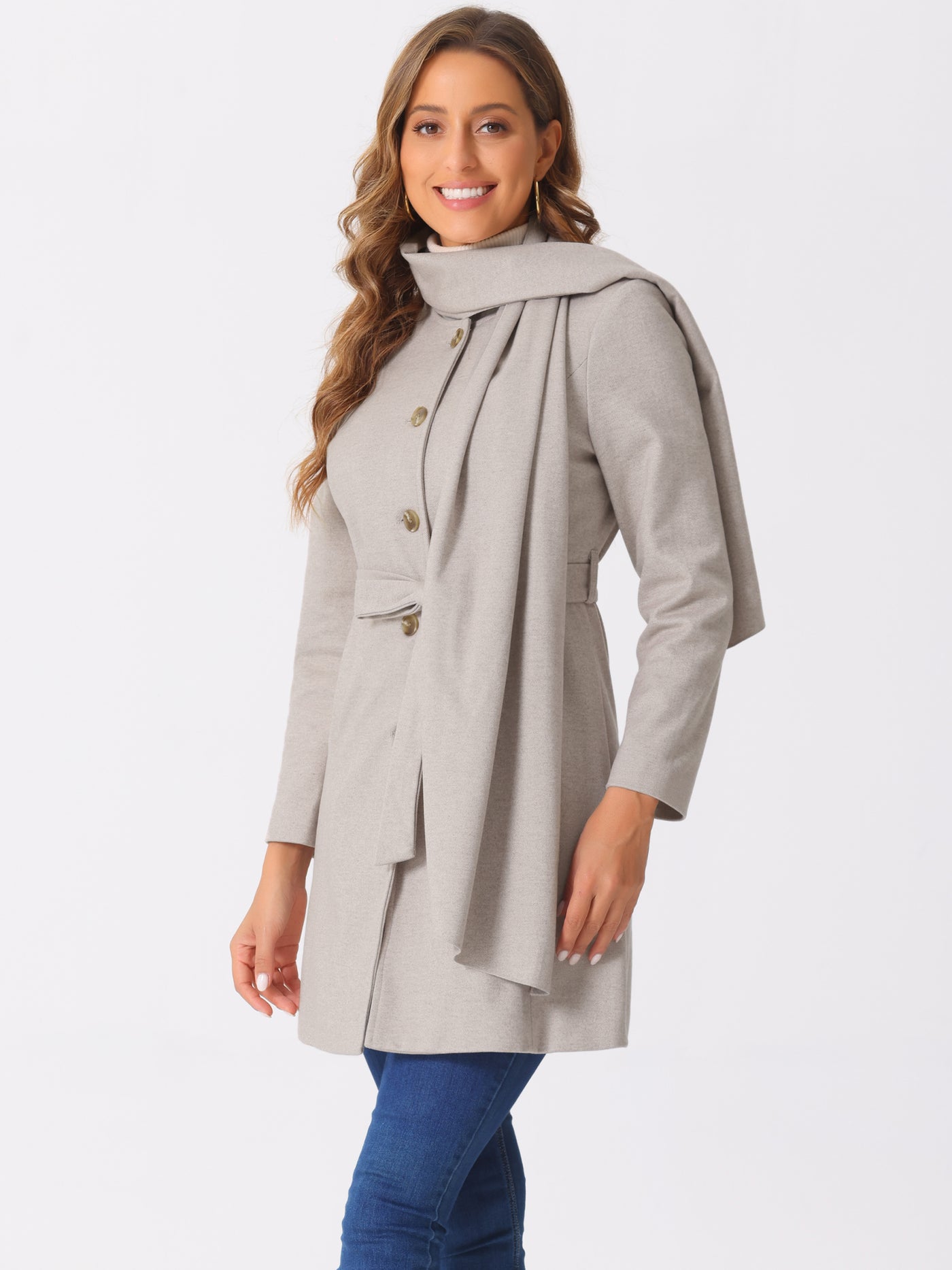 Allegra K Round Neck Button Down Belted Casual Scarf Coat